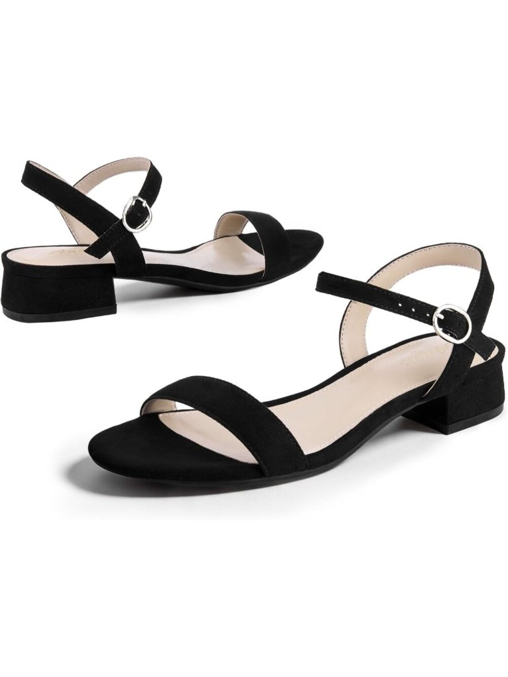 Women's Black Suede Low Heel 1 Inch Dressy Sandal Ankle Strap Open Short Heeled